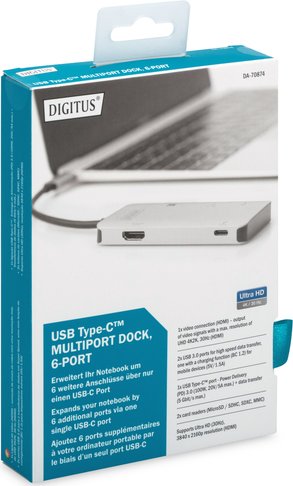 Digitus Multiport Dock, USB-Hub, Dual-Slot-Cardreader, USB-C 3.0 [Stecker] (DA-70874)