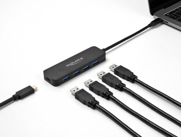 DeLOCK 4-Port USB-Hub mit PD, 4x USB-A 3.0, USB-C 3.0 [Stecker] (64170)