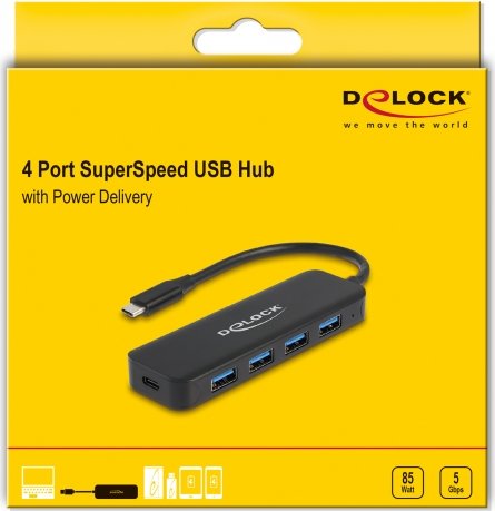 DeLOCK 4-Port USB-Hub mit PD, 4x USB-A 3.0, USB-C 3.0 [Stecker] (64170)