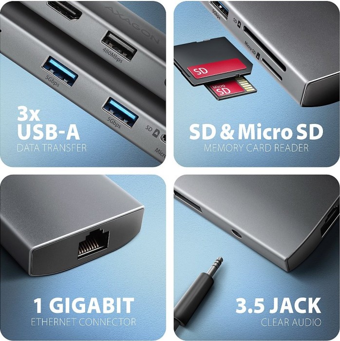 Axagon 9in1 Hub, USB-C 3.0 [Stecker] (HMC-8HLSA)
