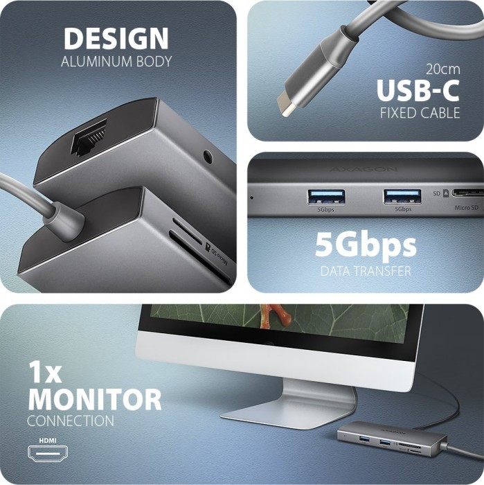 Axagon 9in1 Hub, USB-C 3.0 [Stecker] (HMC-8HLSA)