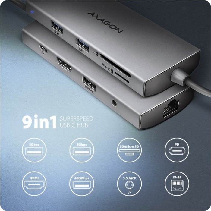 Axagon 9in1 Hub, USB-C 3.0 [Stecker] (HMC-8HLSA)
