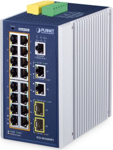 Planet IGS-20160HPT Industrial Railmount Gigabit Managed Switch, 18x RJ-45, 2x SFP, 360W PoE+, V4