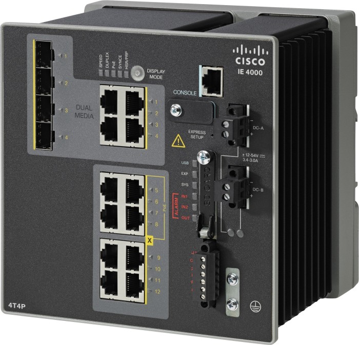 Cisco IE 4000 LAN Base Industrial Railmount Managed Switch, 8x RJ-45, 4x RJ-45/SFP, PoE+ (IE-4000-4T4P4G-E)