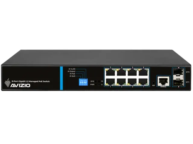 Avizio SM Rackmount Gigabit Managed Switch, 8x RJ-45, 2x SFP, 150W PoE+ (AV-SM8GP2F)