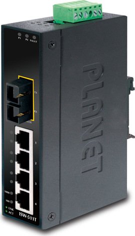 Planet ISW-511TS15 Wide-Temperature Industrial Railmount Switch, 4x RJ-45, 1x SC-Duplex SM 15km